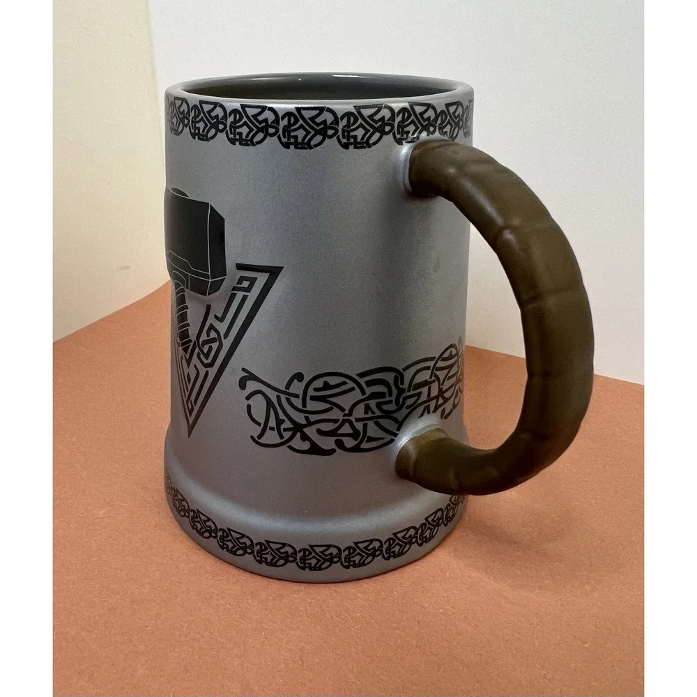 Disney Parks Marvel Thor Mjolnir Tankard Coffee Mug Grey Black Brown Handle
